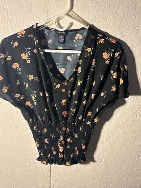 Justify NWOT Black Floral Button-Front Smocked Waist Blouse